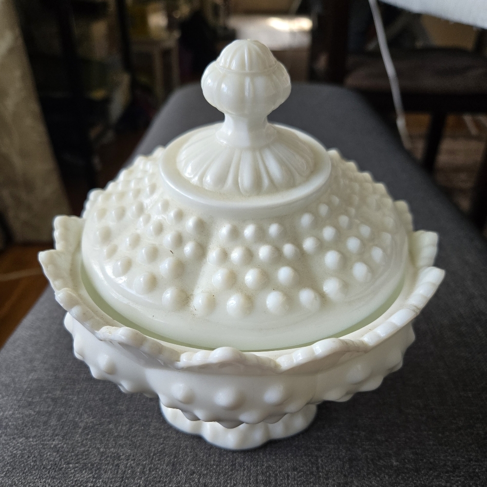 Fenton White Hobnail Milk Glass Covered Dish
